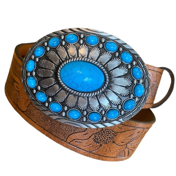 Turquoise Stone Embossed Brown Leather Western Belt With Silver Metal BuckleNew - Picture 2 of 15